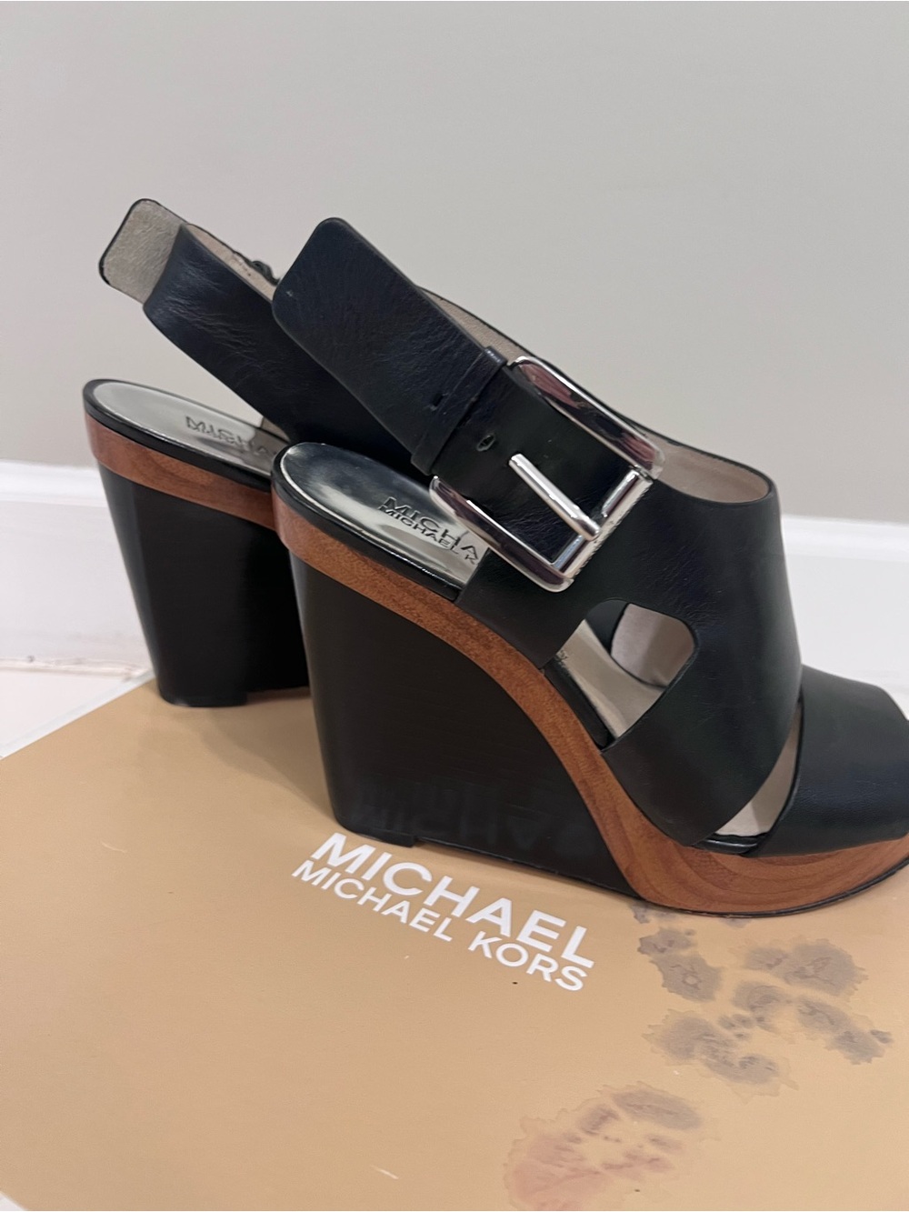 Michael Kors Black Leather Wedge Sandals with Wood-Trim Platform